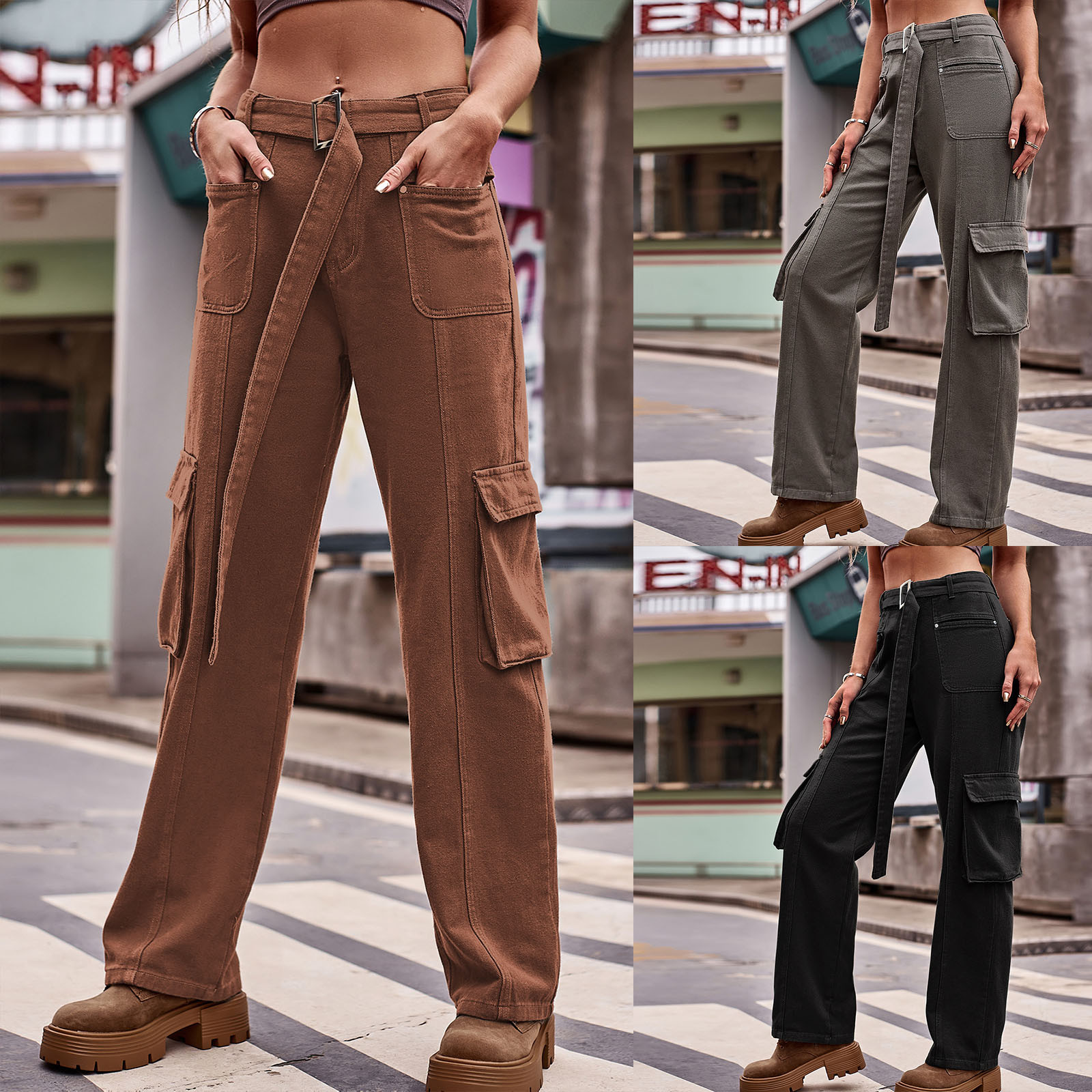 Jacenvly New Trousers for Women Long Pants Loose Solid Expandable Waist Cargo Jeans for Women Mid Waist Breathable Expandable Waist Pocket Tie Front Black M